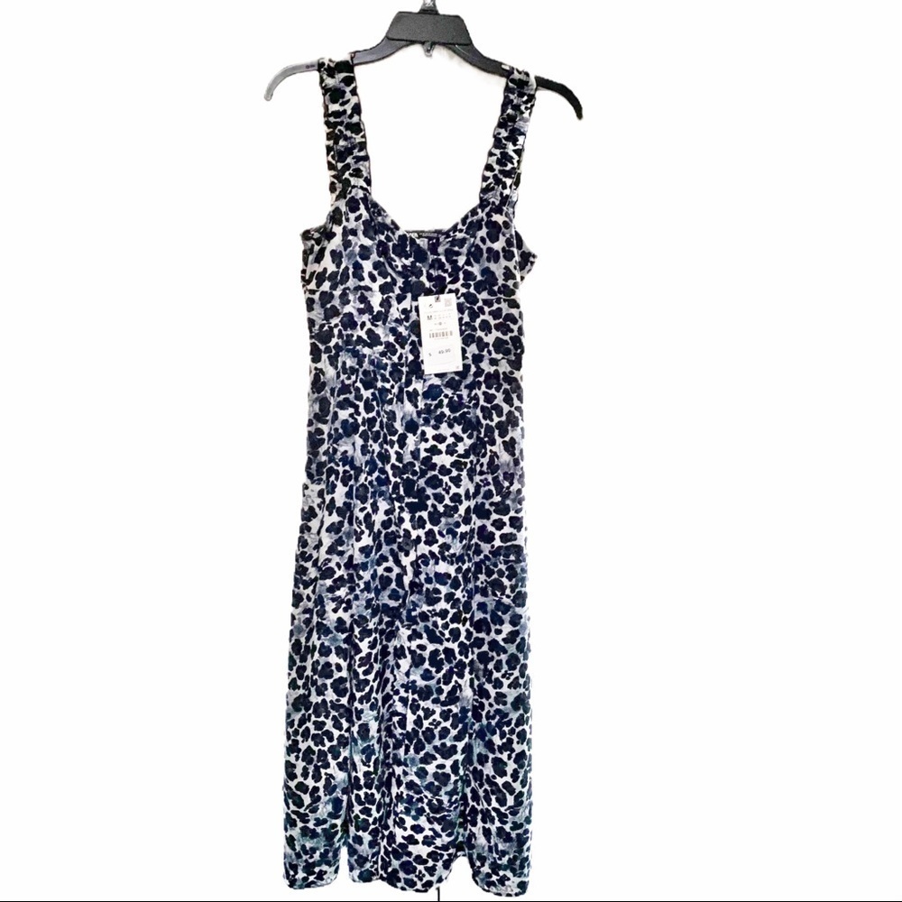 Zara Black Animal Print Ruffled Straps Button-Down Dress. Size Medium NWT